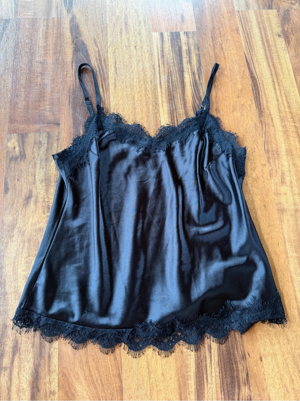 Black Satin Lace Trim Cami Tank Top